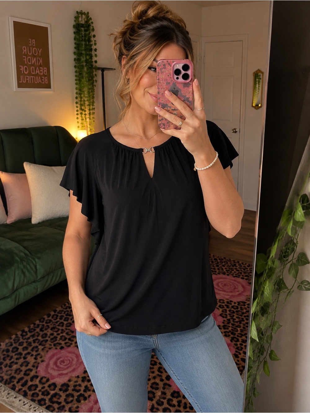 Susan Graver Dressy Liquid Knit Flutter Sleeves Top Black Blouse